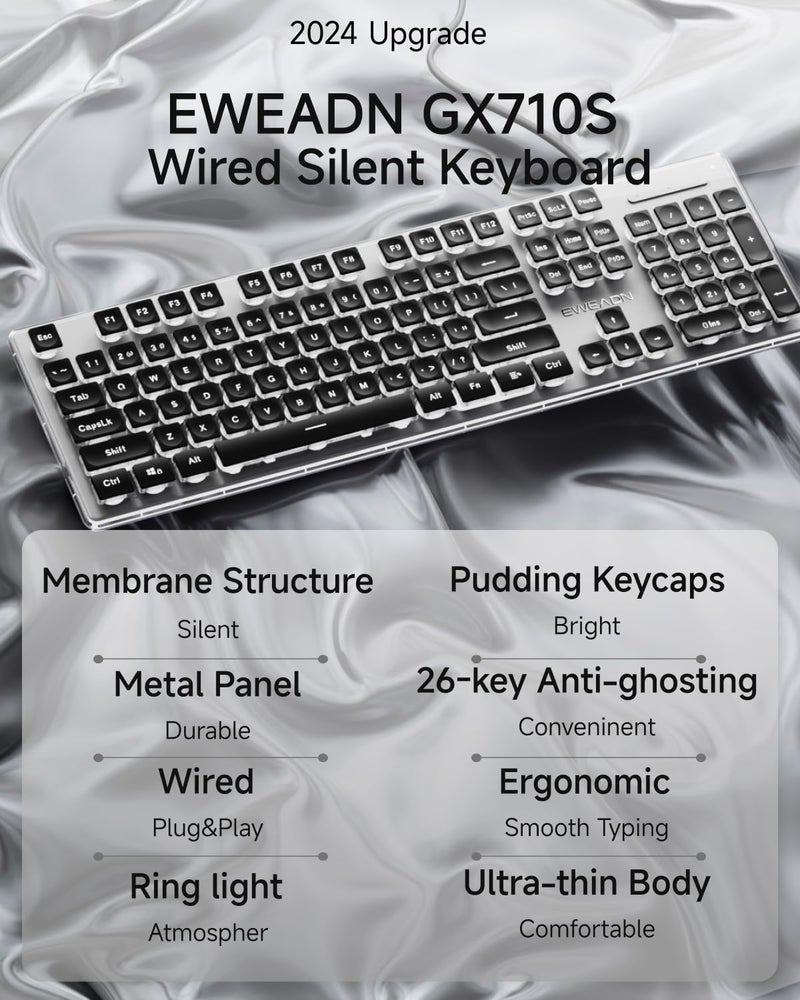 SEUNKWANG لوحات مفاتيح الكمبيوتر EWEADN GX710S مضاءة من الخلف، لوحة مفاتيح USB سلكية مع إضاءة خلفية بيضاء، لوحة معدنية، توصيل وتشغيل، مفاتيح كاب كيك كاملة الحجم، لوحة مفاتيح كمبيوتر هادئة للويندوز/الكمبيوتر/اللابتوب - أسود - Image 2